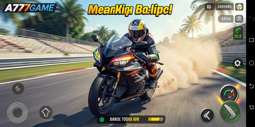 Tampilan gameplay seru A777GAME dengan balapan motor yang cepat.