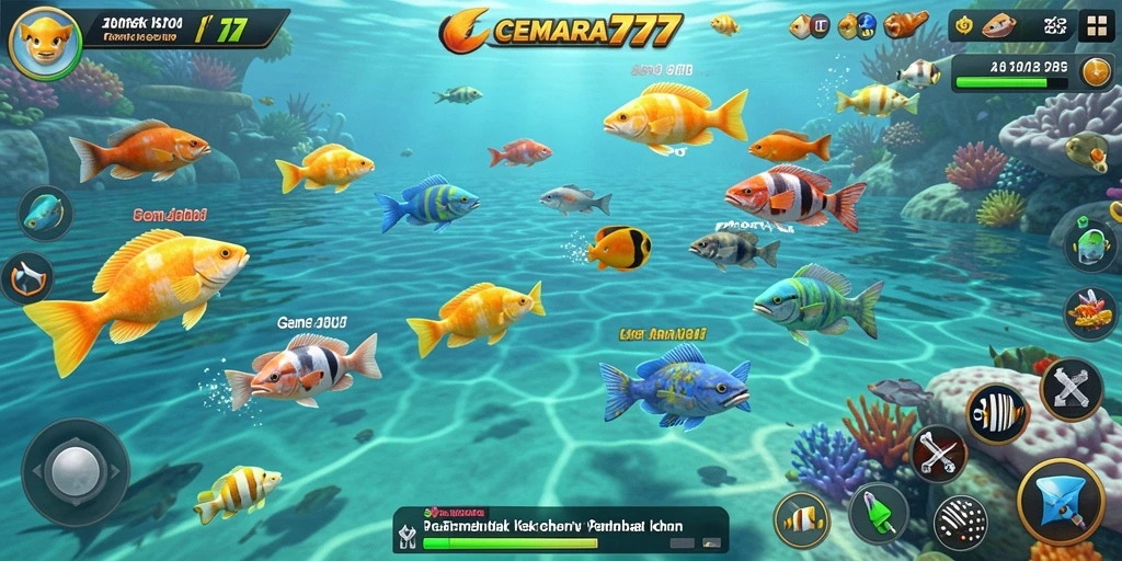 Tampilan gameplay CEMARA777 dengan ikan berwarna-warni.