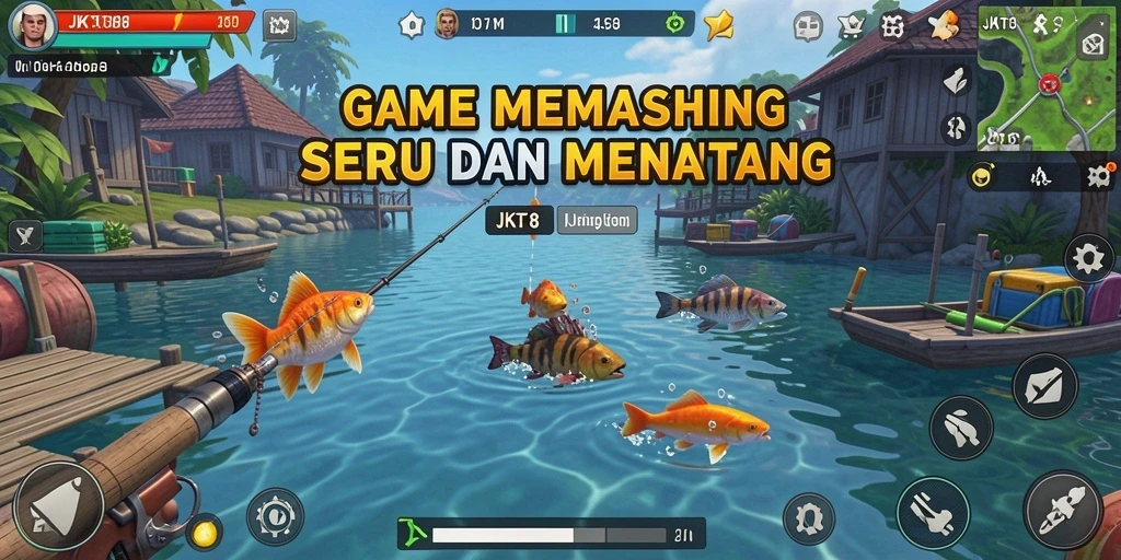 Screenshot gameplay JKT8 menampilkan seorang pemancing berhasil menangkap ikan besar.