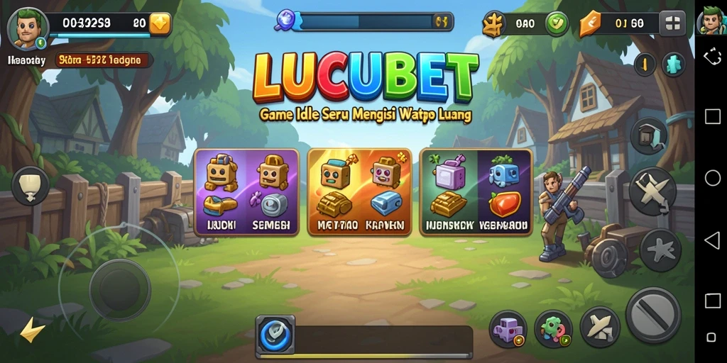 Screenshot gameplay LUCUBET yang menampilkan karakter dan bisnis yang berkembang.