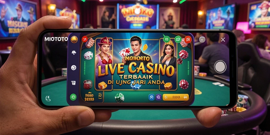 Screenshot gameplay MIOTOTO menampilkan dealer profesional dan suasana casino yang nyata.