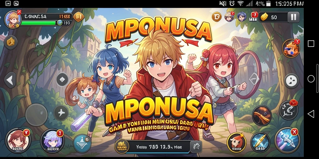 Screenshot utama MPONUSA menampilkan aksi karakter anime yang mendebarkan.