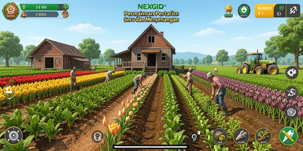 Tampilan gameplay seru di NEXGID dengan kebun yang subur.