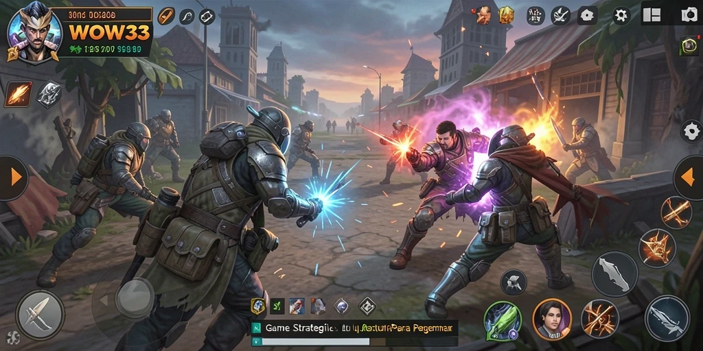Screenshot WOW33 menampilkan aksi pertempuran sengit dalam permainan strategi.